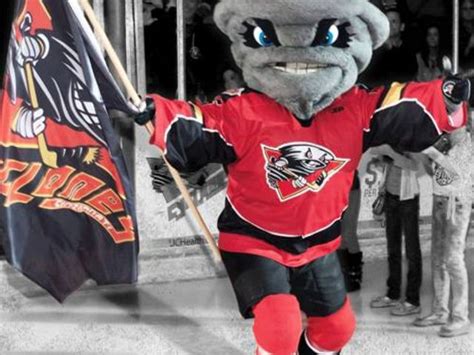 a mascot is walking with two flags in his hands