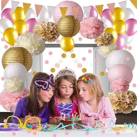 HYTT Pink and Gold Party Decorations, 50 pc Pink Party Supplies, Paper Lanterns, Glitter ...