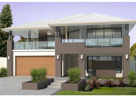 Two storey facade, mushroom tones, balcony over garage, glass rail ...