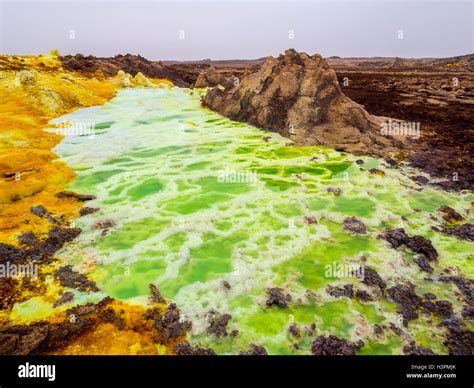 Sulphur lake Dallol in Danakil Depression, Ethiopia. The lake with its sulphur springs is the ...