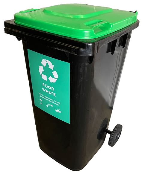 240 Litre Wheelie Bin in Black with Green Lid with Food Waste Sticker | Wheelie Bins Supplier ...