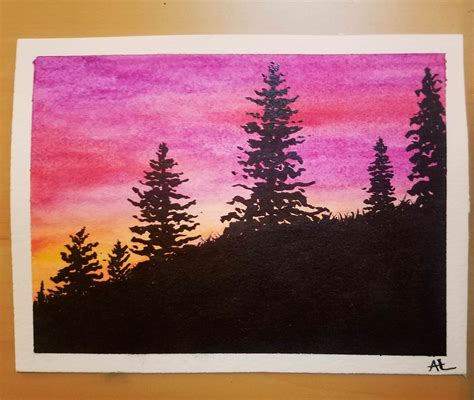 Little painting of pine trees at sunset : r/Watercolor