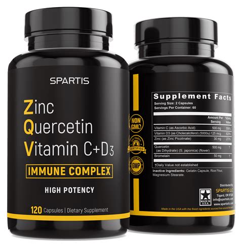 Zinc Quercetin 500mg with Vitamin C Vitamin D3 Bromelain Immune Support High Potency Anti ...