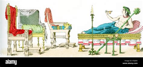 The illustration here shows ancient Greek artifacts. They are from left to right: three chairs ...