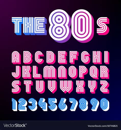 Eighties style retro font. 80's font design with shadow, disco style, alphabet and numbers ...