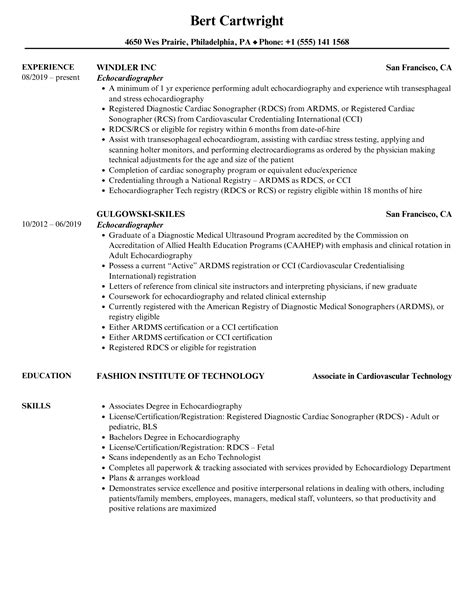 Echocardiographer Resume Samples | Velvet Jobs