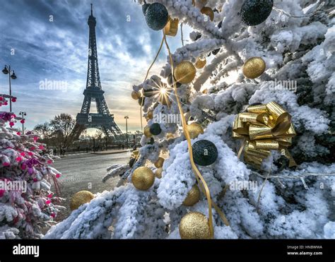 Eiffel Tower and decorated Christmas trees, Paris, France Stock Photo ...