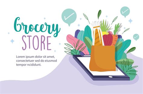 Grocery store online banner template with phone, groceries and foliage elements 1254657 Vector ...