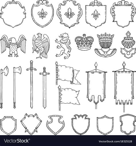 Medieval heraldic symbols isolate on white. Vector hand drawn ...