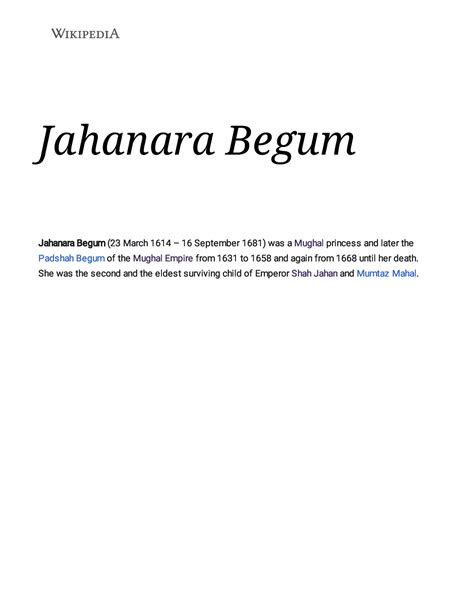 Jahanara Begum - Wikipedia - Jahanara Begum Jahanara Be gum (23 March ...