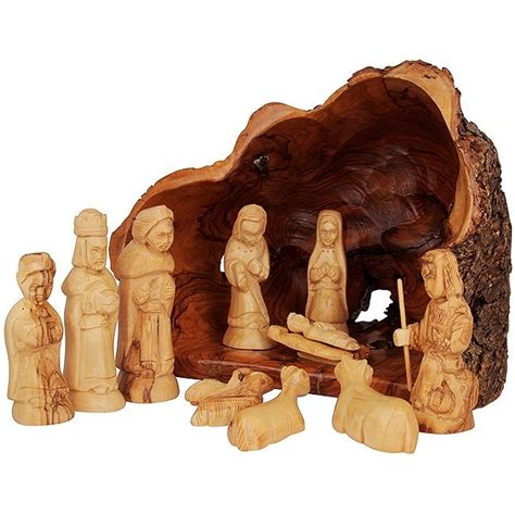 Olive Tree Branch Nativity Log from Bethlehem With Natural Olive Wood Bark - 12 Piece Faces Set ...