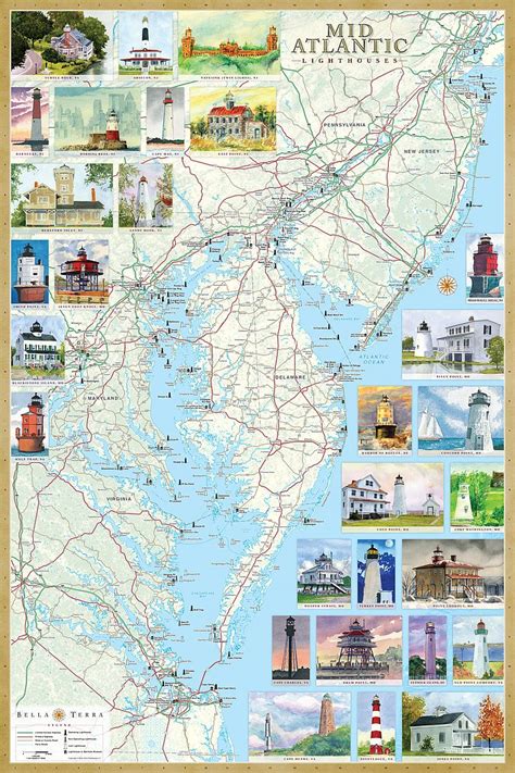 Mid-Atlantic Lighthouses Illustrated Map & Guide | Bella Terra Maps