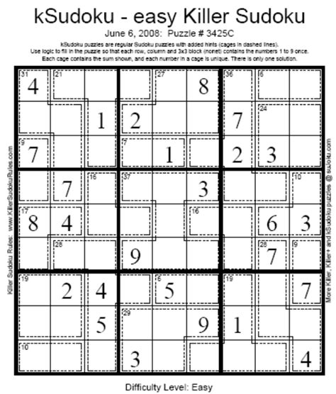 Killer Sudoku Cage Combinations Printable | Sudoku Puzzles Printable