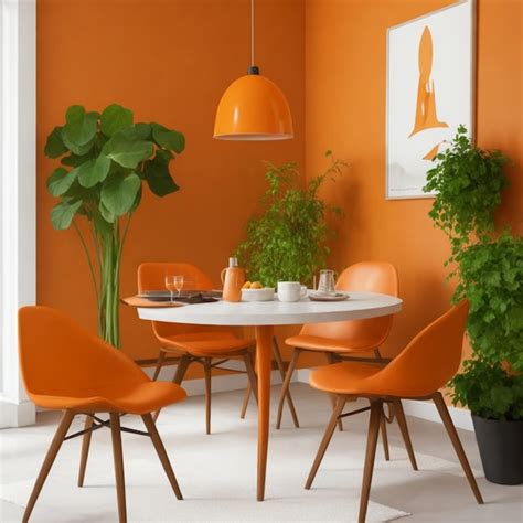 Premium AI Image | Orange leather chairs at round dining table against ...