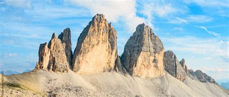 Stunning view of the Three Peaks of Lavaredo (Tre cime di Lavaredo) during a beautiful sunny day ...