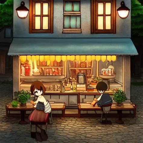 beautiful cute cozy little cafe on a cobblestone | Stable Diffusion