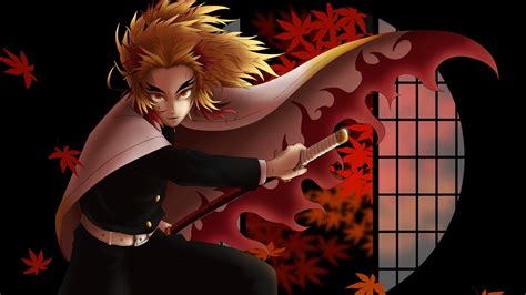 Demon Slayer Kyojuro Rengoku With Sword With Background Of Window Red Leaves And Black 4K HD ...