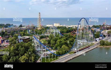 Aerial view of the Cedar Point amusement park in Ohio under a cloudy ...