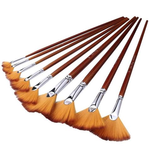 9 Pieces Nylon Hair Wood Long Handle Paint Brush, Artist Fan Brushes Set for Acrylic Watercolor ...