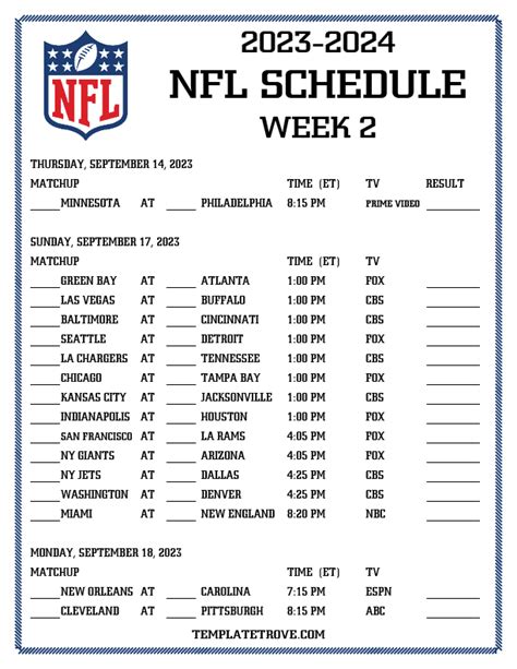 Printable 2023-2024 NFL Schedule Week 2