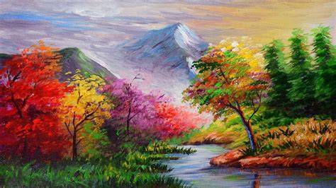 BASIC ACRYLIC LANDSCAPE PAINTING TUTORIAL with Autumn Trees and River duri… | Mountain landscape ...