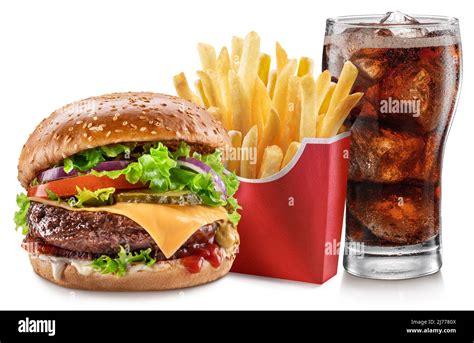 Delicious cheeseburger with cola and potato fries on white background ...