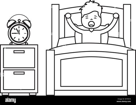 boy wake up stretching in wooden bed with bedside table clock Stock Vector Image & Art - Alamy