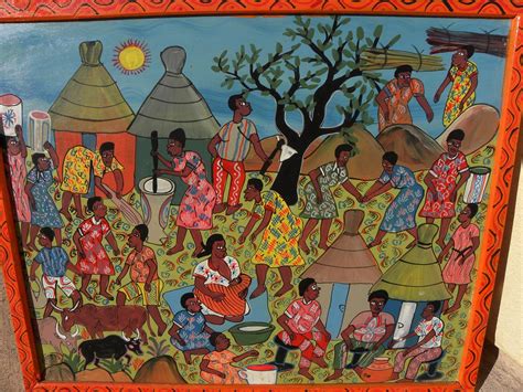 Colorful African contemporary art naive painting of villagers in daily ...