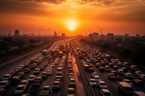 Premium AI Image | Overcrowded highway leading to metropolis at sunset ...