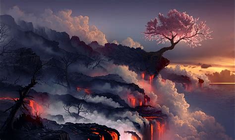 HD wallpaper: fantasy art, lava, landscape, cherry blossom, sunset ...