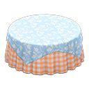 Large covered round table - Light blue - Orange gingham | Animal Crossing (ACNH) | Nookea