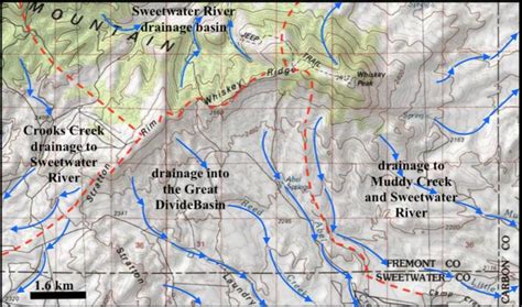 Modified USGS topographic map showing major drainage divides (dashed... | Download Scientific ...