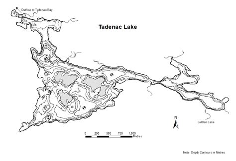 Bathymetry of Tadenac Lake, near Georgian Bay, Ontario. Depth contours ...