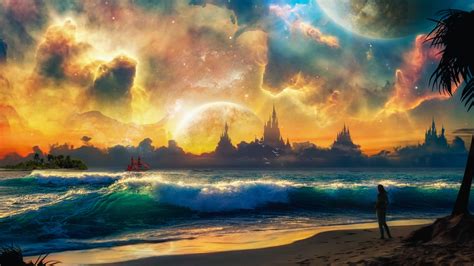 castle, aurorae, waves, beach, science fiction, colorful, planet, landscape, shore, palm trees ...