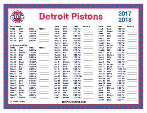 Printable 2017-2018 Detroit Pistons Schedule