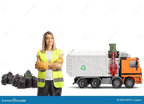 Female Waste Collector in a Uniform with a Garbage Truck Stock Image ...