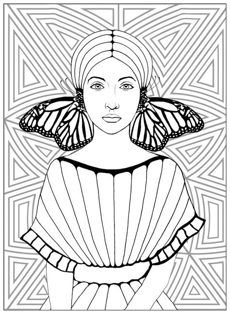 a black and white drawing of a woman with a butterfly on her head, in ...