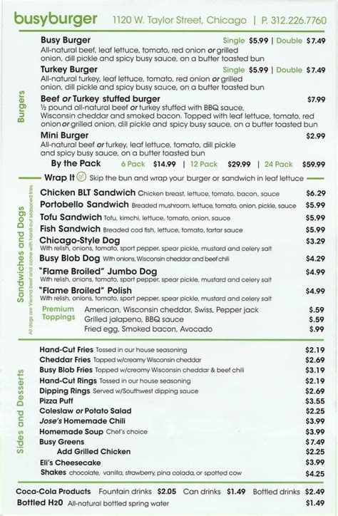 Menu at Busy Burger restaurant, Chicago