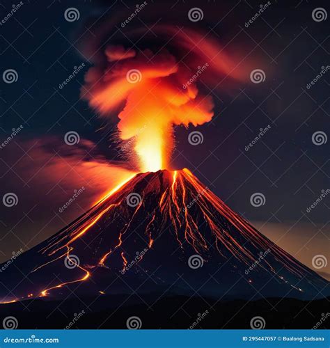 Volcano eruption at night stock illustration. Illustration of tourist ...