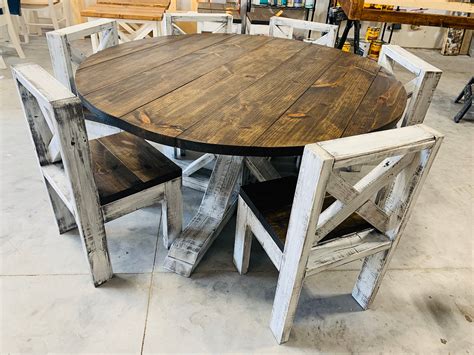 5ft Round Rustic Farmhouse Table with chairs, Single Pedestal Style Base, Dark Walnut Top with ...