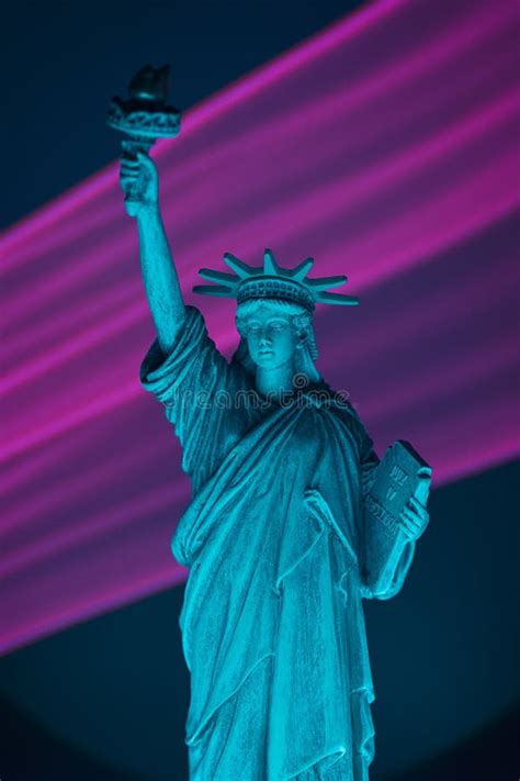 Statue of Liberty Close Up with Neon Illumination Background. Stock Image - Image of freedom ...