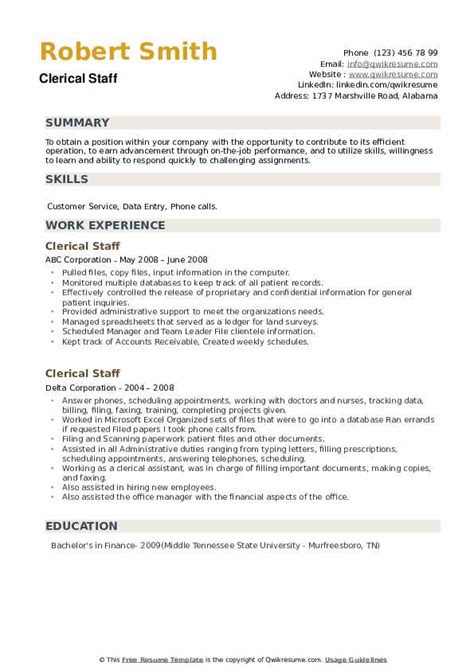 Clerical Staff Resume Samples | QwikResume