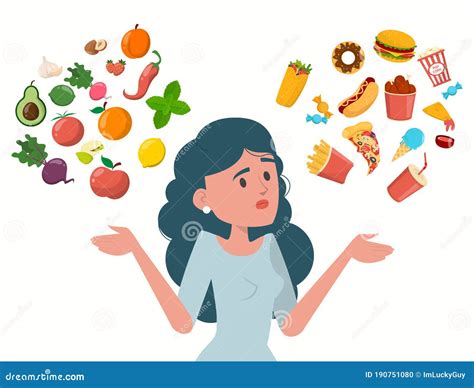 Woman Choosing between Healthy and Unhealthy Food Stock Illustration ...