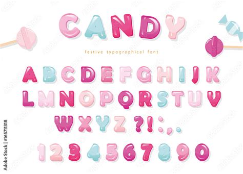 Candy glossy font design. Pastel pink and blue ABC letters and numbers ...