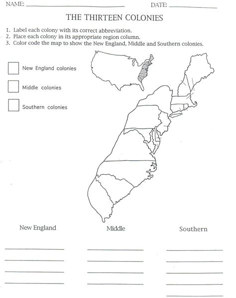 The Thirteen Colonies Map Worksheet