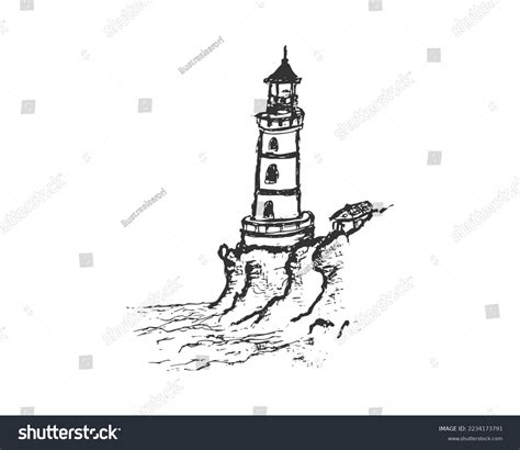 Lighthouse Vintage Pencil Sketch Drawing Ocean Stock Vector (Royalty ...