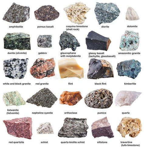 Various Raw Minerals With Names Isolated On White Stock Image - Image ...