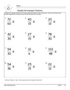 Simplify the Improper Fractions Worksheet for 5th - 6th Grade | Lesson Planet