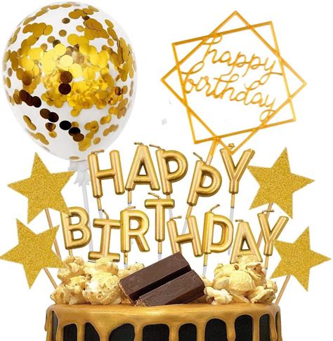 Buy Happy Birthday Cake Topper Set,Gold Happy Birthday Topper,Candle ...