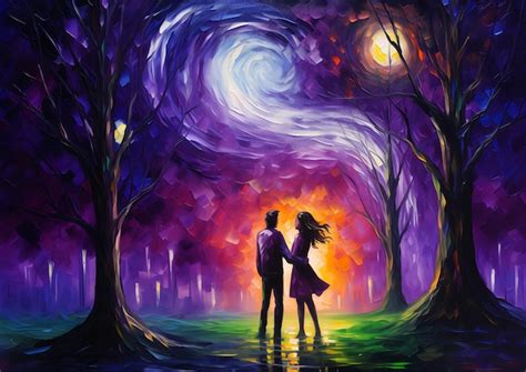 Premium Photo | Couple standing park night full moon magic particles swirls love relevant theme ...